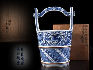 【雲】某名家買取品 五良大甫 呉祥瑞造 青華 花鳥図水手桶形花器 花瓶 花入 高さ30cm 共箱 古美術品(旧家蔵出)AY1926 LTDldf2