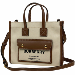 バーバリー BURBERRY ミニ フレヤトート 2WAY ショルダーバッグ トートバッグ キャンバス アイボリー ブラウン レディース 【中古】