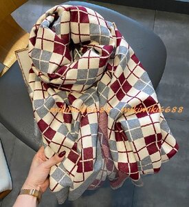 上質暖かカシミヤ100％★上品アーガイル柄配色リバーシブルお洒落カシミヤ大判マフラー♪354RD