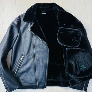 美品/L-XL相当★アルマーニエクスチェンジ/ARMANI EXCHANGE フェイクムートン ライダース ジャケット ブルゾン 裏ボア 光沢起毛 メンズ 黒