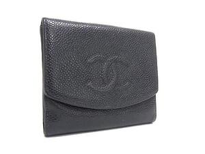 1円 CHANEL シャネル ココマーク キャビアスキン 二つ折り 財布 ウォレット 札入れ 小銭入れ レディース ブラック系 BI7451