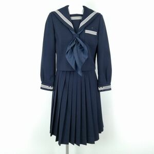 1円 セーラー服 スカート スカーフ 上下3点セット 指定 155A ミッシェルクラン 冬物 白3本線 女子 中学 高校 紺 中古 ランクC NA7952