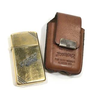 ＊【火花OK】ZIPPO スリム 1989年製 ゴールドカラー オイルライター 喫煙具 喫煙グッズ ジッポ レザーケース付き