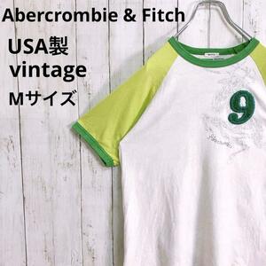 レア! USA製 Abercrombie & Fitch アバクロ リンガーT ラグランTシャツ メンズ Mサイズ 半袖Tシャツ 半袖シャツ ワッペン 古着 送料無料