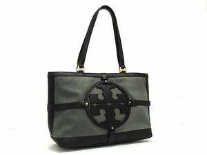 1円 ■美品■ TORY BURCH トリーバーチ コーティングキャンバス×レザー ショルダー トートバッグ 肩掛け グレー系×ブラック系 FC9728