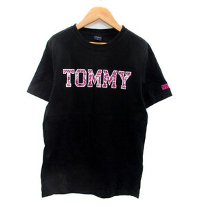 トミー TOMMY Tシャツ カットソー クルーネック 半袖 プリント M 黒 ブラック 紫 パープル /HO59 レディース