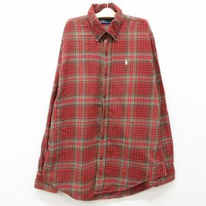 古着 ラルフローレン 長袖 ブランド フランネル シャツ キッズ ボーイズ 子供服 90s ワンポイントロゴ コットン ボタンダウン 赤他 レッド