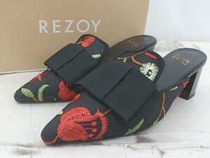 ◇ ◎ REZOY 刺繍 リボン ポインテッドトゥ チャンキーヒール ミュール サイズ23.0cm ブラック レディース メンズ P