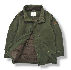 ★アースカラー！ エーグル AIGLE ダウン ジャケット L オリーブ x ブラウン フード付 型押し レザー ロゴ アウトドア ウィンド ウェア★