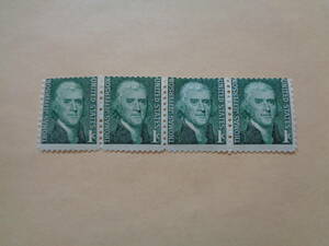 アメリカ切手4枚綴り　1968年　 Thomas Jefferson (1743-1826)　トーマス・ジェファーソン　第3代アメリカ大統領　　1セント
