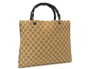 1円 ■美品■ GUCCI グッチ 002 1010 3444 バンブー GG柄 GGキャンバス トート ハンドバッグ ブラウン系×ブラック系 FF6689