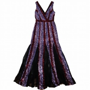 美品 マルケッサノッテ Marchesa Notte スパンコール レース切替 ロングドレス ワンピース マキシ丈 ストライプ柄 パープル レッド