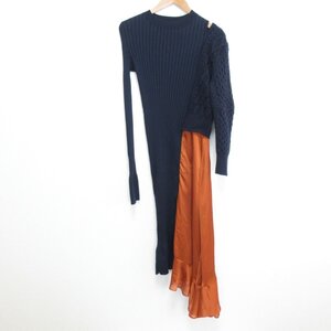 良品 sacai サカイ BI-MATERIAL ASYMMETRICAL ニット×サテン 切替 ロング丈 ドッキングワンピース 20-05196 2 ネイビー×オレンジ ◆