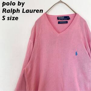 90s ポロバイラルフローレン　ニット　セーター　無地　カラーポニー　男女兼用　ユニセックス　Ralph Lauren Sサイズ　ピンク色