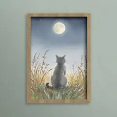 猫 満月 イラスト 絵画 アート 918a