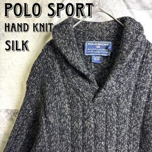 希少 美品 90s PORO SPORT RALPH LAUREN ポロスポーツ ラルフローレン シルク混 バンドニット ショールカラー セーター グレー L