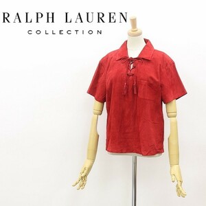 ◆RALPH LAUREN COLLECTION ラルフローレンコレクション 山羊革 ゴートスエード レースアップ 半袖 プルオーバー シャツ トップス レッド 6