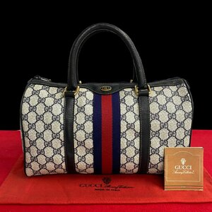 極 美品 袋付 GUCCI オールドグッチ ヴィンテージ シェリーライン GG ロゴ 金具 レザー ハンドバッグ ミニ ボストンバッグ ネイビー 02173