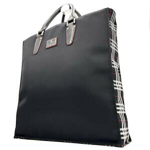 1円《 廃盤希少品・美品 》BURBERRY BLACK LABEL バーバリーブラックレーベル トートバッグ ビジネスバッグ ホースロゴ金具 チェック 黒