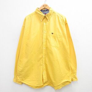 XL/古着 トミーヒルフィガー 長袖 ブランド シャツ メンズ 90s ワンポイントロゴ 大きいサイズ ロング丈 コットン ボタンダウン 黄 イ