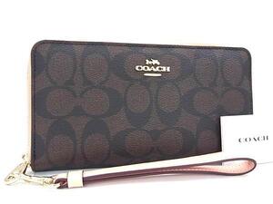 1円 ■新品■未使用■ COACH コーチ C4452 シグネチャー PVC×レザー ラウンドファスナー 長財布 ウォレット ブラウン系×ピンク系 BM5120