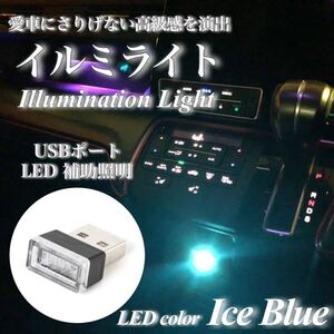 【翌日発送】USB イルミライト 車内 アイスブルー LED イルミネーション 車内照明 室内夜間ライト USBポート カバー 防塵 おしゃれ