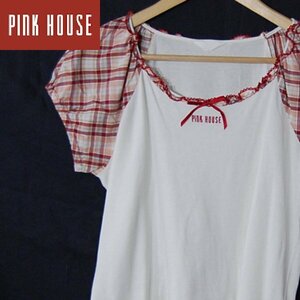 ピンクハウス PINK HOUSE■半袖カットソー　パフスリーブ　リボン　刺しゅうロゴ/日本製■L■ホワイト系×レッド ※KH4529043