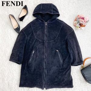 【美品】FENDI フェンディ フリース フード付き ジャケット サイズ 42 (XS〜S相当） パーカー フード ロゴ バックプリント 型押しロゴ 黒