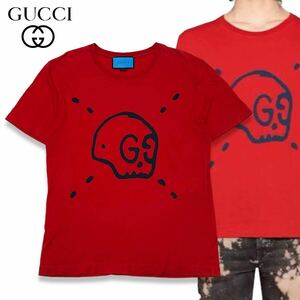 63 国内正規品 GUCCI グッチ 440103 Ghost Logo T-Shirt 半袖コットン ゴースト ロゴ Tシャツ クルーネック カットソー レッド S メンズ