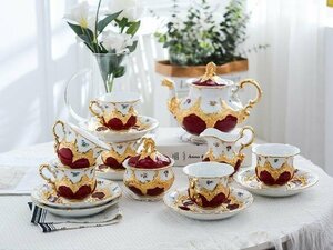 ハンドメイド　MEISSEN マイセン ティーポット&カップ＆ソーサー&ミルクポット&シュガーポット 15点セット 洋食器 アフタヌーンティー