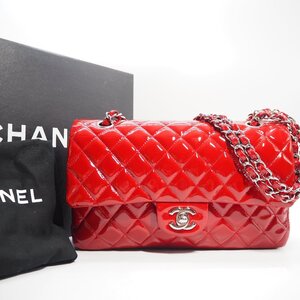 ヤフオク特価 美品 シャネル CHANEL エナメルマトラッセ Wフラップ Wチェーンショルダーバッグ 赤 箱 保存袋 中古 A234