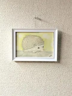 ハリネズミ 自作手描きのレプリカプリント 額縁付き