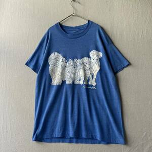 90s USA vintage Tシャツ / コットン ポリ? ブルー 犬 動物 半袖 ビンテージ シングルステッチ 80s T4-07084-8673