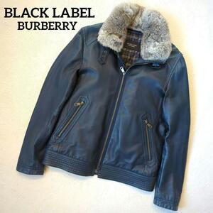 1円～ 希少 BURBERRY BLACK LABEL バーバリー ブラックレーベル レザージャケット ネイビー ライナー付 サイズL ファー メンズ