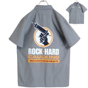 5499/SPIRIT 半袖ワークシャツ M●洗濯プレス済●ネコポス可●ROCK HARD CAULKING ワッペン プリント 古着