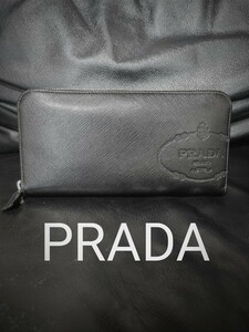 美品　正規品　PRADA　プラダ　財布　ラウンドファスナー　長財布　二つ折り　ウォレット　サフィアーノ レザー 革 ブラック　エンボス加工