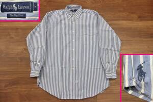 希少 裾ポニー★美品 90s POLOラルフローレン The Big Shirt ストライプ コットン ボタンダウンシャツ 【M】★RRLポロベア ウイングフット