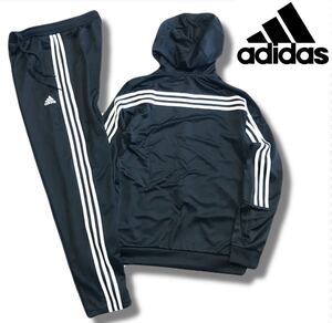 ▲B594新品【メンズL】黒白 adidas アディダス 上下セット セットアップ フーディ ジャージ パンツ 三本ライン ロゴ プリント