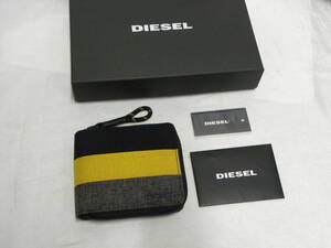 ディーゼル DIESEL☆ラウンドファスナー2折財布☆CORDURAファブリックX牛革 黒X黄色Xグレー メタルロゴ☆X06129 コンパクト財布☆新品 本物