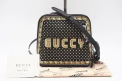 GUCCI ショルダーバッグ レザー グッシープリント ブラックゴールド AB