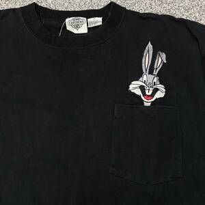 90s Looney Tunes ルーニーテューンズ Tシャツ L ブラック バックスバニー Bugs Bunny 刺繍 ポケット キャラクター 1991 ヴィンテージ