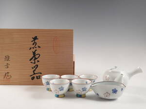 ○栄○有田 雅幸 造 色絵 桜文 煎茶碗 5客 湯冷 急須 煎茶道具 共箱 無傷完品 64s242