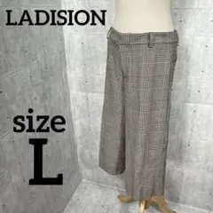 LADISION【L】7分丈ワイドパンツ　ブラック　ホワイト　千鳥格子柄