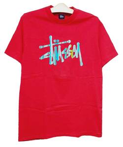 爆レア超希少！新品タグ付き！STUSSY オールドステューシー/90,s紺タグ/ロゴ王冠ストライプ柄プリントTシャツ M 赤レッド/デッドストック