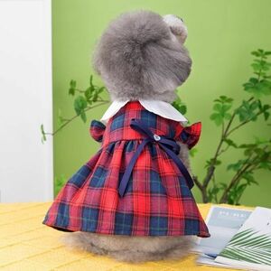 レッドLサイズ◆犬服 キャミソール 襟付き チェック柄 ワンピース 清楚 新品 ドッグウェア 新作 ペットグッズ 春 夏 秋 リボン お出掛け