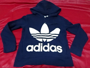 ★adidas trefoil hoodie　アディダス パーカ スウェットトレーナー 紺　ネイビー　S　パキスタン製　良品　旧ロゴ白　レディース