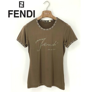 A9481/ビンテージ 90s 訳あり 春夏 FENDI フェンディ レーヨン ストレッチ ロゴプリント 半袖 Tシャツ カットソー 44 L程 茶 レディース