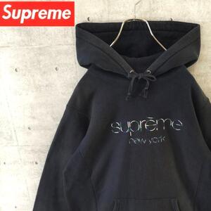 Supreme シュプリーム 刺繍 クラシックロゴ スウェット パーカー フーディ 紺 ネイビー カナダ製 Mサイズ 実寸 L相当　6121