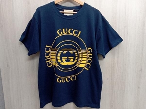 GUCCI 616036 半袖カットソー サイズM(175/96A) Tシャツ ネイビー×イエローロゴ 店舗受取可