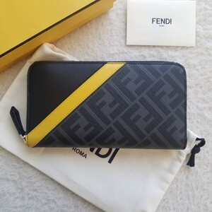 新品 FENDI フェンディ FFロゴ ファブリック ジップ 長財布 グレー/イエロー 7M0210A9XSF0R2A